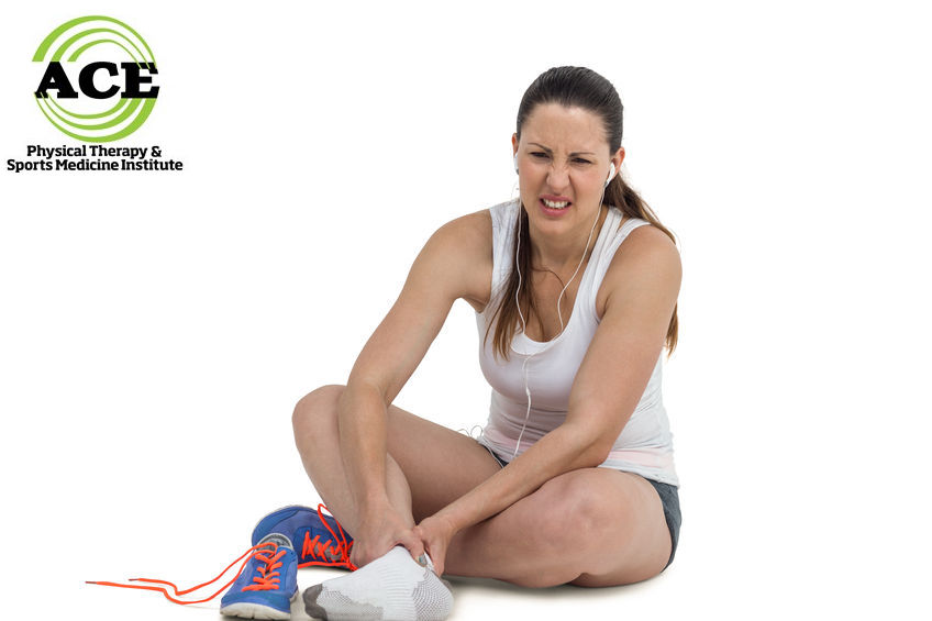 58470059 - athlete woman with foot pain on white background