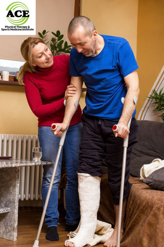 39535817 - a man with broken leg taking its first steps with crutches